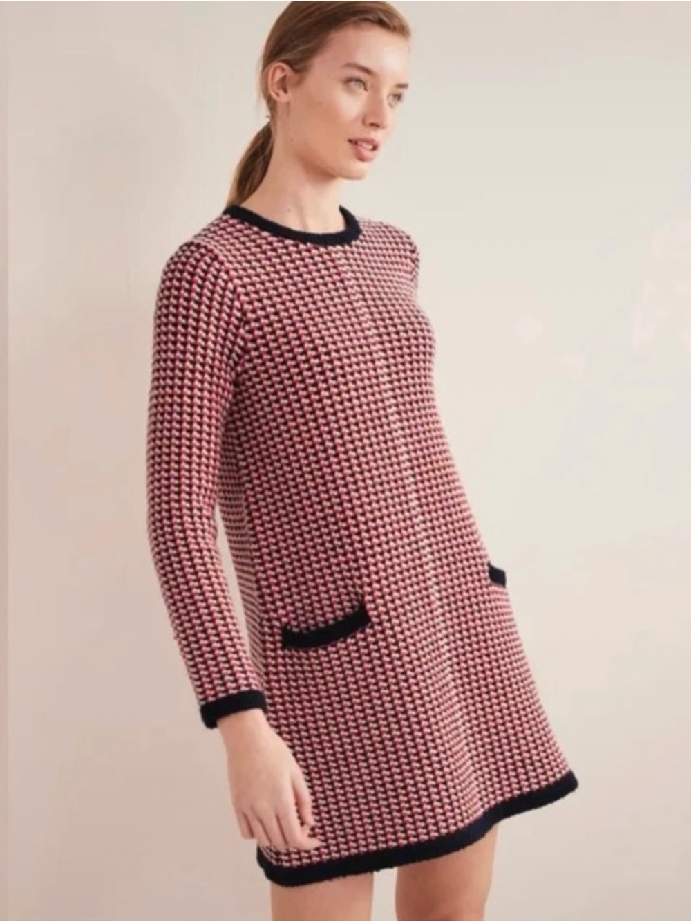 Boden Jacquard Knitted Mini Dress Red Navy Wool Alpaca Retro Mod D0561 Size 2